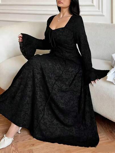 Vibekara فستان خط A مربع الرقبة مشدود الخصر مقاس كبير