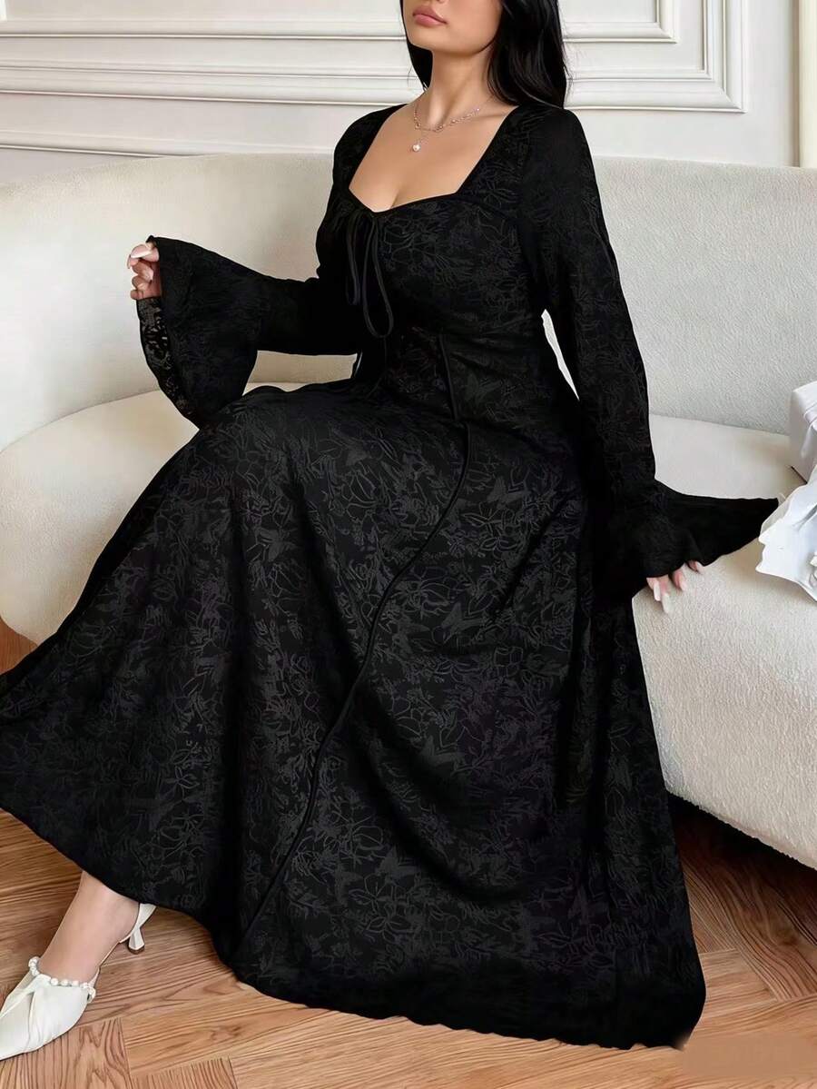 Vibekara Vestido de línea A con cuello cuadrado y cintura ceñida para tallas grandes - Negro - Ver 1