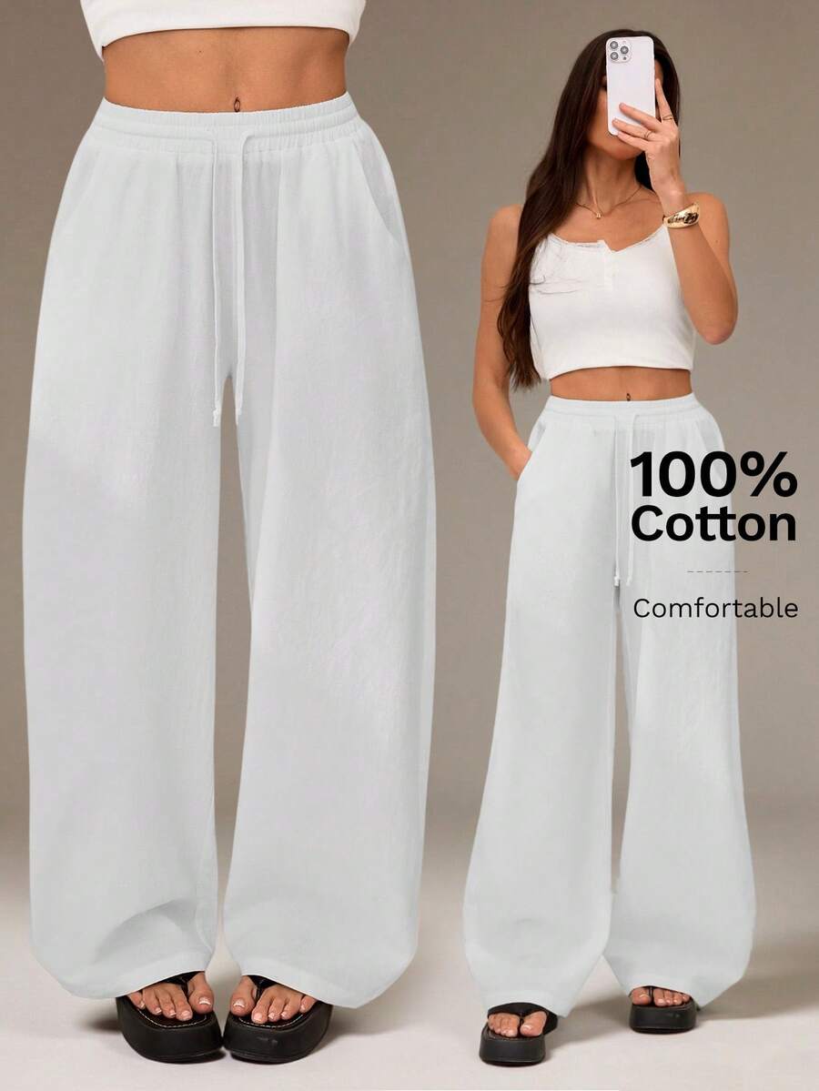 SHEIN Tall Women's Summer Country Concert Going Out Beach Outfits Boho Basic Minimalist Washed 100%Cotton White Pants Curved Hem Pants Wide Leg Sweatpants White Beach Pants White Sweat Pants White Wide Leg Pants Women White Linen Pants Women - White - View 1