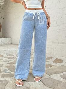 Rivivi Casual Elastic Waist Drawstring Straight Leg Jeans - Light Wash - View 4