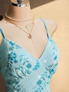 SHEIN ICON 大码女式蓝色亮片拼接交叉露背吊带迷你连衣裙 - 藍色 - 查看 6