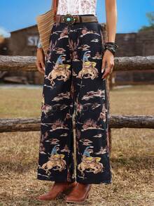 Breezaya Western Style Print High Waist Elastic Waist Wide Leg Pants - Black - View 4