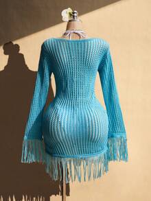 SHEIN CURVE+ 大尺碼復古性感時尚個性化海灘休閒度假波西米亞風喇叭袖流蘇飾邊修身針織洋裝 - 水鴨藍 - 查看 2