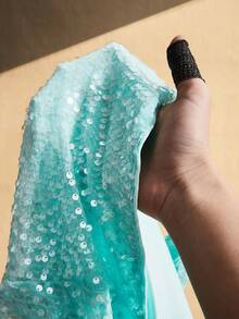 SHEIN ICON 大码女士渐变亮片不对称肩部连衣裙 - 綠色 - 查看 10