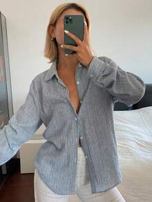 DAZY Women's Casual Striped Collared Long Sleeve Shirt, Blue, Spring/Summer - Blue - View 7