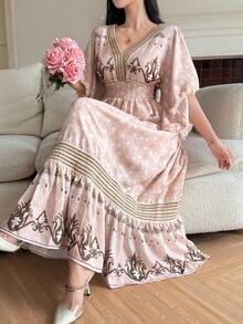 DAZY Vestido midi de mujer con parches florales fruncidos, mangas con flecos y volantes, vestido de verano bohemio de primavera/verano - Rosa - Ver 1