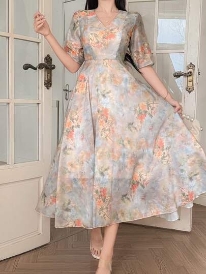 DAZY Chiffon Long Sleeve Dress, Spring High-End Fitted Elegant Long Dress For Women