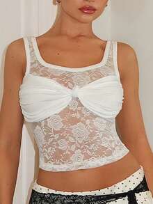 Glamine Charm Canotta bianca sexy e trasparente in pizzo con scollo tondo per donne, adatta per spiaggia, vacanze estive, top bianco estivo, top trasparente, per feste di ragazze hot, vacanze al mare - Bianco - Visualizzare 3