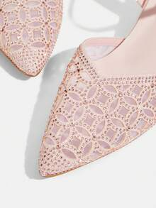 CUCCOO TILAWA Giày sandal mũi nhọn gót chunky khoét rỗng thời trang có quai ngang mắt cá chân, giày cao gót màu hồng đính đá lấp lánh thoải mái dành cho nữ. - Hồng - Xem 6