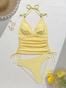 Swim Mod Summer New Solid Pale Yellow Textured Floral Spaghetti Strap Drawstring Modest Teenage Beach Romantic Vacation Camisole, Women Beach Dress, Women Swimsuit, Women 2-Piece Swimsuit Set - Pale Yellow - View 2