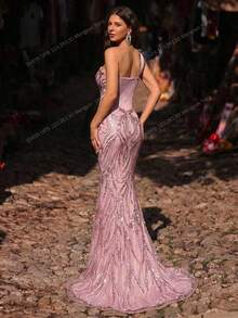 Glamrae 优雅奢华的珍珠亮片刺绣3D花卉图案缎面美人鱼裙，适合婚礼、派对、度假、舞会、正式场合（装饰繁复） - 藕粉色 - 查看 3