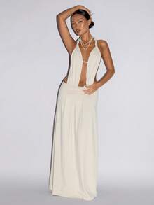 SHEIN ICON Fitted Deep V-Neck Metal Chain Decor Long Dress For Women,Summer Dresses For Women - Beige - View 6