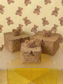 Joivida 1Pc/2Pcs Japanese Handwoven Seagrass Storage Basket With Lid, Home Desktop Cosmetic Sundry Organizer - Multicolor - View 2