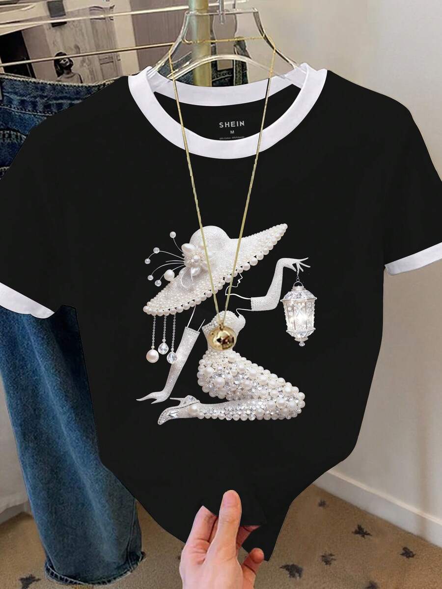 SHEIN Franclia 大码女式撞色滚边仿珍珠装饰休闲日常短袖T恤 - 黑色 - 查看 1