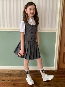 DAZY Tween Girl Preppy Style Double-Breasted Vest & Pleated Skirt Set - Grey - View 4