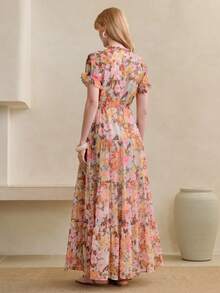 Arave 优雅印花雪纺荷叶边下摆女式连衣裙 - 粉色 - 查看 3