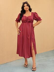 Elaquor 大码女式碎花甜心领花瓣袖优雅连衣裙 - 酒紅色 - 查看 4