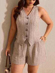 Elaquor 大码女式条纹V领单排扣上衣和口袋短裤休闲日常两件套 - 彩色 - 查看 3