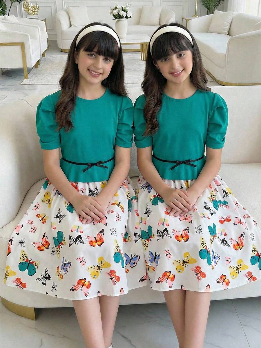SHEIN 1pc Tween Girl's Teal Elegant Summer Party Dress,Fashionable Preppy Style Round Neck Short Sleeve Butterfly Print Patchwork Hem,Casual Outings - Green - View 1
