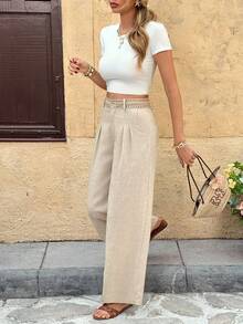 SHEIN Frenchy Women's Pleated Pocket Wide Leg Loose Casual Pants For Vacation - Apricot - View 6