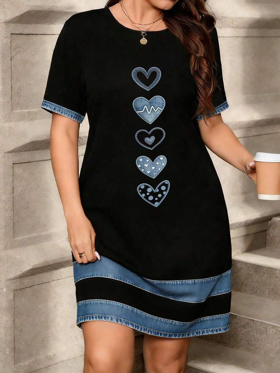 EMERY ROSE Women's Casual Leopard Print Patchwork Round Neck Short Sleeve Dress - Black - View 1