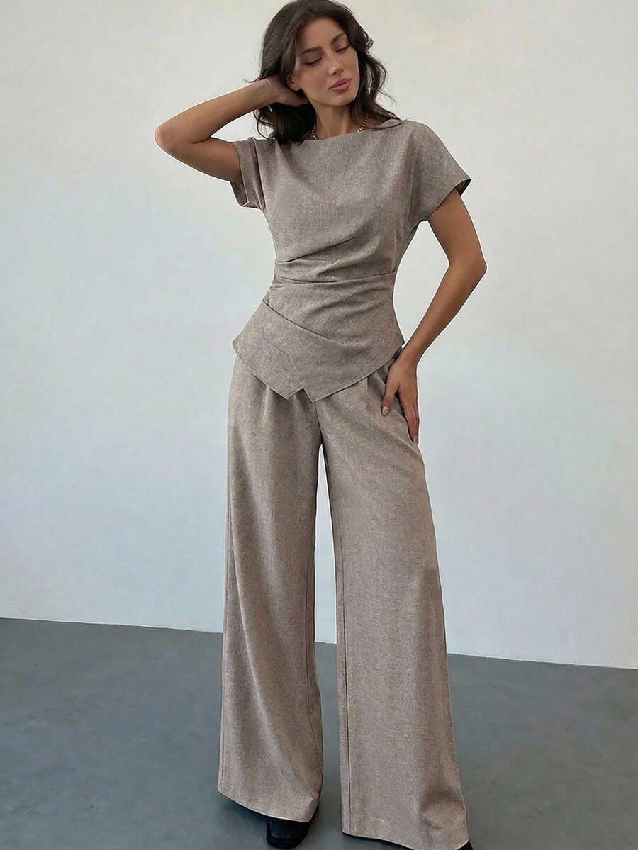 Aloruh Conjunto de blusa de manga corta con cuello de barco y cintura fruncida, y pantalones con bajo asimétrico, en color caqui, para otoño/invierno