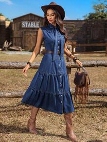 Breezaya 女士度假荷叶边牛仔连衣裙 - 深色水洗藍 - 查看 5