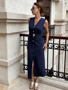 Siren Gaze V领无袖亚麻连衣裙，配腰带，修身开襟连衣裙，纽扣衬衫裙，休闲中长连衣裙，商务休闲连衣裙，夏季女士休闲连衣裙 - 藏蓝色 - 查看 5