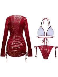 Swim SXY 3pcs Women's New Leopard Print Halter Swimwear Top, Side Tie Swimwear Bottoms, And Long Sleeve Cover Up Dress Swimwear Set - Multicolor - View 8