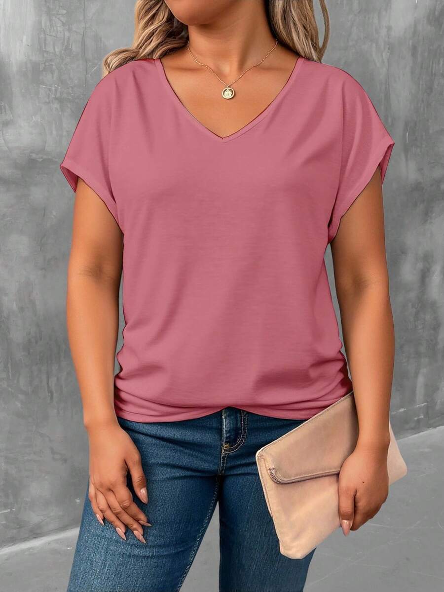 EMERY ROSE Plus Size Women's Summer Solid V-Neck Short Sleeve Casual T-Shirt V Neck Top Basic Top V Cut Top Solid Color Tops - Multicolor - View 1