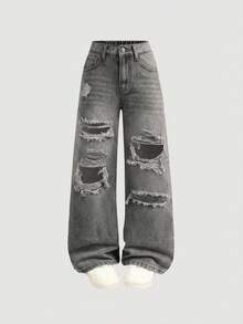 Tween Girls' Casual Washed Distressed Loose Fit Denim Jeans - Grey - View 7