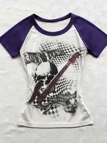 Glimmora Y2K 女款黑白撞色骷髅吉他图案圆领休闲街头风上衣，适合日常街头穿搭 - 彩色 - 查看 3