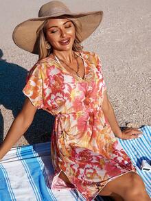 Swim Vcay Women's V-Neck Floral Print Ruched Beach Vacation Dress - Multicolor - View 11