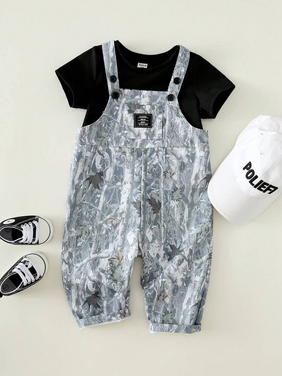 SHEIN Unisex Newborn Baby Boy/Girl Casual Fashionable Camouflage Bib Pants Romper, Spring/Summer Baby Boy Clothes, Streetwear - Grey - View 1