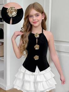 SHEIN 少女黑色针织修身吊带背心，饰有金色花卉图案和开衩，时尚百搭。 - 黑色 - 查看 6