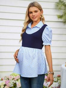 SHEIN Ruffle Collar Commuter Style Short Sleeve Top, Contrast Color Maternity Shirt,Summer Tops,Summer Outfits - Multicolor - View 6