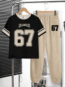 SHEIN 青少年男童休闲简约Y2K风格英文字母和数字67、6&7运动风复古美式撞色宽松舒适时尚圆领短袖T恤和裤子套装 - 白色 - 查看 2