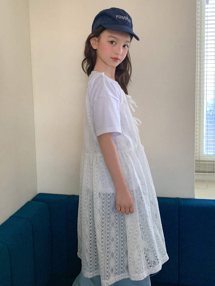 Tween Girls' Summer Casual Solid Color Hollow Out Knit Camisole