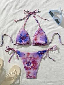 Swim Vcay Women's Sexy Random Print Halter Tie Bikini Set, Summer - Purple - View 2