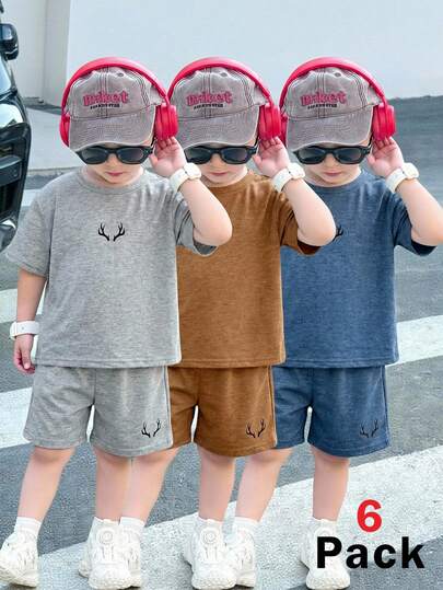 SHEIN 6pcs/Set Kids Summer Clothes Young Boy Comfortable Casual Style Printed Round Neck Short Sleeve T-Shirt Top, Printed Decorative Shorts 2pcs Set, High Cost-Effective Multi-Piece Outfit Suitable For Outdoor Play, Street Photography, Party, Leisure