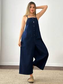 100% Cotton Loose Fit Denim Jumpsuit - Dark Wash - View 4