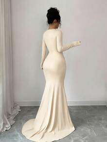 SHEIN Raffinéa Đầm dạ hội màu nâu cổ chữ V sâu, kiểu dáng sang trọng mới dành cho nữ, đầm dài ôm sát tay đuôi cá với thiết kế thắt eo. - Màu be - Xem 2