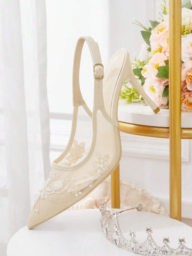 CUCCOO HITCHD Women Shoes Spring Summer Lace Pearl Decorative Pointed Toe Slingback Stiletto 9cm Mesh Women's High Heel Shoes Solid Color Sexy Dating Wedding Party