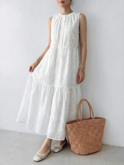EMERY ROSE Women's Vacation Casual Solid Color Embroidered Sleeveless Mid-Length Dress White Dress For Women Ruffle Dress Summer Dress Summer Outfits For Women Summer Dresses For Women Going Out Outfits Graduation Dress For Women Elegant Dresses For Women Vacation Outfits Women Summer Holiday Outfits Holiday Outfits Office Outfits For Women