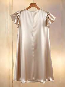 Franclia Women's Spring/Summer Round-Neck V-Neck Pearl Boat-Neck Loose Straight Dress, Glossy Satin Dress, Spring/Summer Short Dress, Women's Spring/Summer Dress, Vacation Leisure Elegant Fashion Dress - Apricot - View 3