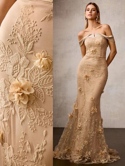 MOTF Soiréza 春夏高端3D立体花卉缎面拼接露肩礼服