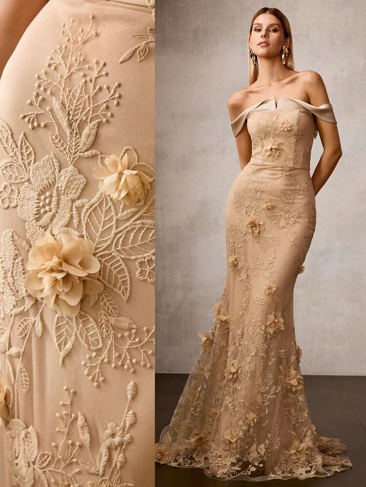 MOTF Soiréza 봄/여름 고급 3D 플로럴 새틴 패치워크 오프숄더 정장 드레스