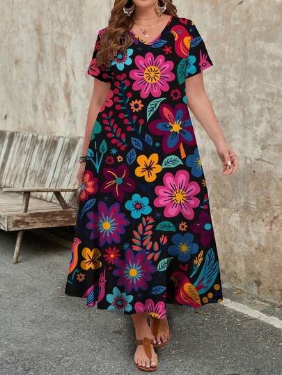 EMERY ROSE Plus Size Women Casual Minimalist V-Neck Short Sleeve Dress, Suitable For Summer