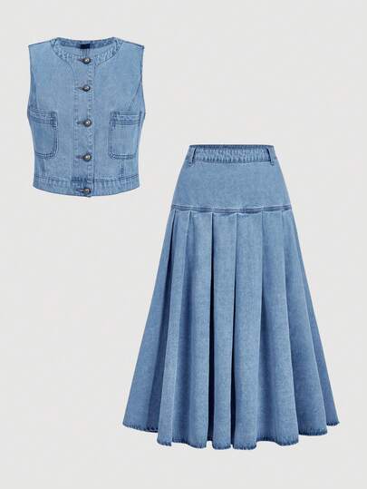 SHEIN MOD Plus Size Women Single-Breasted Vest And Pleated Midi Skirt Casual Denim Set Winter Clothes For Women Christmas Outfit For Women New Year Sets Thanksgiving Outfit For Women Party Set Elegant Women's Set Stylish Women's Set Stylish Women Light Wash Denim Pleated Skirt Mid-Length High Rise A-Line Jean Skirt For Everyday Wear
