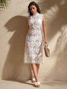 Swim Chiccia 蕾丝面料精致优雅修身连衣裙，奢华名媛风派对礼服 - 白色 - 查看 6